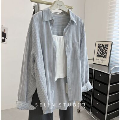棉麻条纹新款衬衫设计薄款蓝色宽松上衣防晒夏季衬衣休闲外套百搭