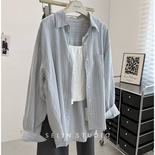 棉麻条纹新款衬衫设计薄款蓝色宽松上衣防晒夏季衬衣休闲外套百搭