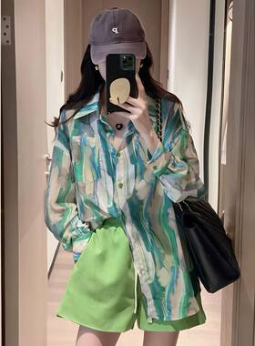 轻薄垂感雪纺印花防晒衬衫欧洲站2023春秋新款欧货宽松休闲衬衣女