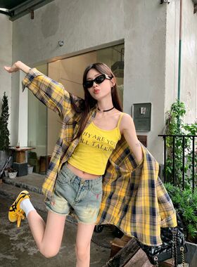 长袖chic小众开衫衬衣春秋新款黄色格子polo领磨毛复古衬衫外套女