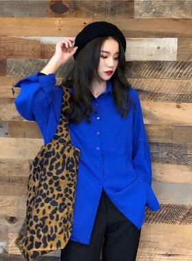 克莱因蓝韩版chic港味深蓝色宝蓝色落肩袖宽松大码长袖衬衫衬衣