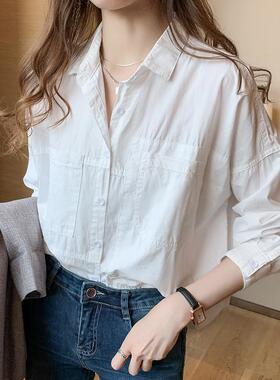 双口袋前短后长白色棉衬衫女2024春秋装韩版宽松打底上衣衬衣女装