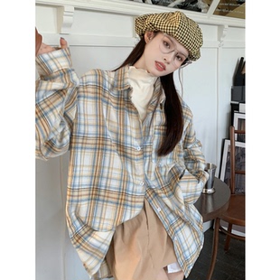 2024春季新款长袖格子衬衫女春秋宽松polo衬衫休闲学生薄外套上衣