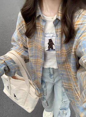 港风chic复古撞色格子长袖衬衫女早春宽松oversize百搭薄款衬衣潮