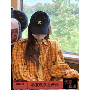 黄色格子衬衫多巴胺外套衬衣ins韩版宽松休闲复古懒散风上衣外套1