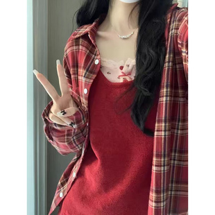 AMBER LIGHT韩版慵懒风红色格子长袖衬衫女大码宽松休闲外搭上衣