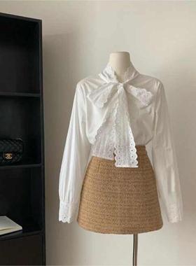 新款春秋季法式温柔花边白色衬衫上衣百搭设计别致洋气蝴蝶结衬衣