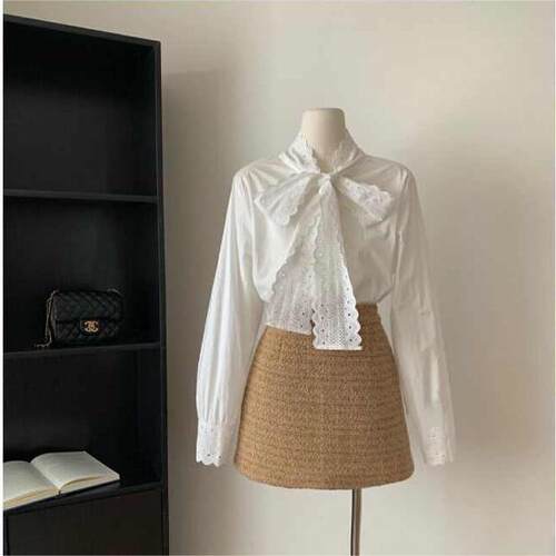 新款春秋季法式温柔花边白色衬衫上衣百搭设计别致洋气蝴蝶结衬衣