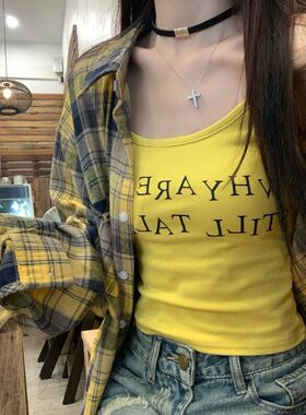 韩系黄色格子长袖衬衫女夏季复古磨毛宽松中长款防晒衬衣外搭上衣
