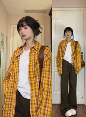 美式多巴胺黄色格子长袖衬衫女春秋设计感小众防晒开衫衬衣外套潮