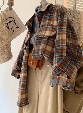配色超美~毛呢撞色格纹衬衫女时髦洋气复古内搭叠穿翻领衬衣上衣