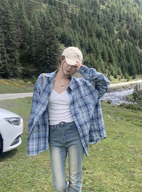 幂式穿搭磨毛蓝色格子衬衫女慵懒风复古宽松衬衣开衫外套显瘦上衣