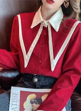 2025秋季新款韩版设计感撞色衬衫上衣女春秋薄款红色宽松百搭衬衫