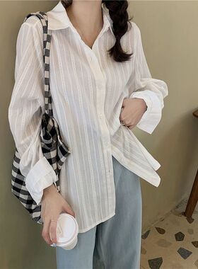 气质韩版白色条纹衬衫女薄款2023年春季新款设计感宽松长袖衬衣夏