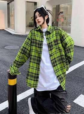 秋冬款新款高级美式复古绿色格子衬衫女美拉德慵懒风情侣装上衣女