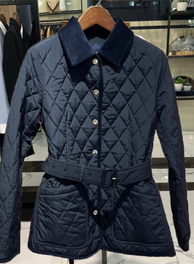 2023冬新款棉感T400菱格绗线灯芯绒翻领修身腰带棉服外套女P家