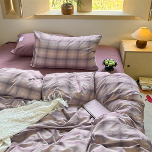 紫色大格子全棉床上四件套纯棉色织水洗棉150x200x230被套三件套
