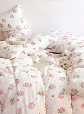 A类裸睡双层纱四件套纯棉被套床单小清新ins水洗棉学生宿舍三件套