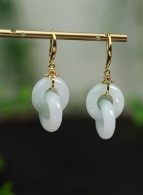 #L229 白色冰种缅甸天然A货翡翠双环相扣二连环耳坠S925银耳钩款