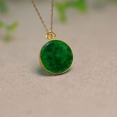 18K金满色辣绿缅甸天然A货翡翠无事圆牌锁骨吊坠 L098