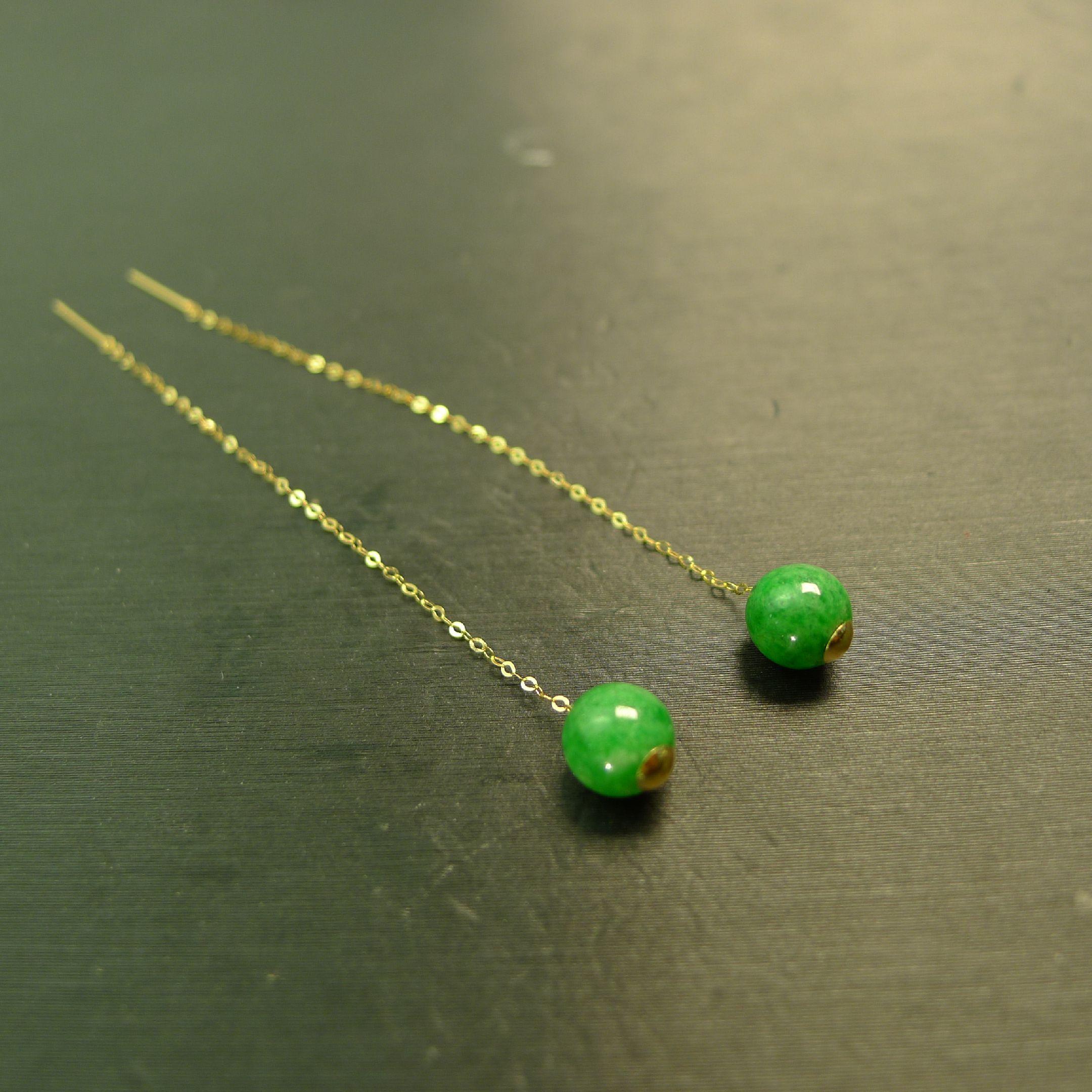 #F182一对18K金耳线镶嵌满色辣绿天然A货翡翠素面小圆珠子耳坠