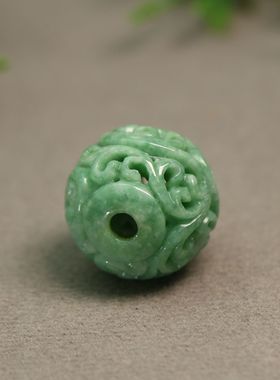 #C271满色果绿天然A货翡翠镂空龙纹雕花大圆珠子佛珠顶珠