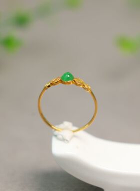 #L030 18K金镶嵌冰种满绿天然A货翡翠蛋面戒指 古钱币纹女戒