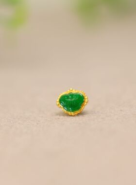 #I561 18K金镶嵌辣绿天然A货翡翠如意小香盒 DIY编绳珠串配件