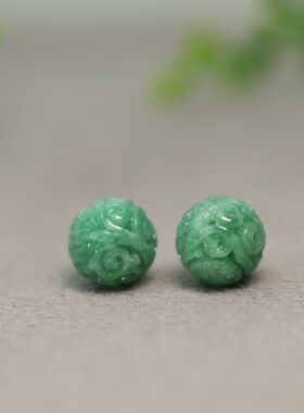 #H865一对11.7MM满绿天然A货翡翠团寿龙纹雕花珠子 圆珠佛珠顶珠