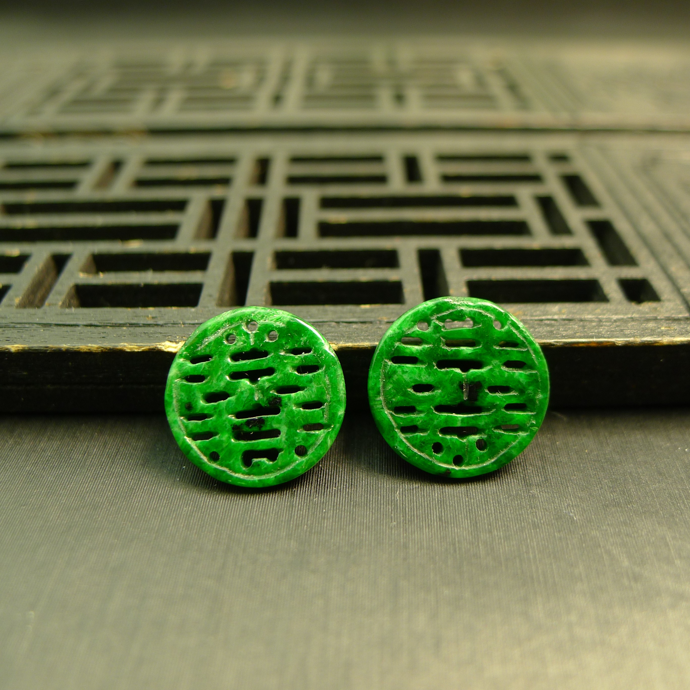 #I308一对满色辣绿缅甸天然A货翡翠镂空圆形喜字镶嵌耳钉裸石,珠宝/钻石/翡翠,翡翠裸石/蛋面,淘宝优惠券,粉丝福利购,淘宝优惠卷