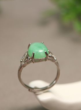 #9669 满色阳绿天然A货翡翠椭圆形蛋面活口戒指 S925银镶嵌