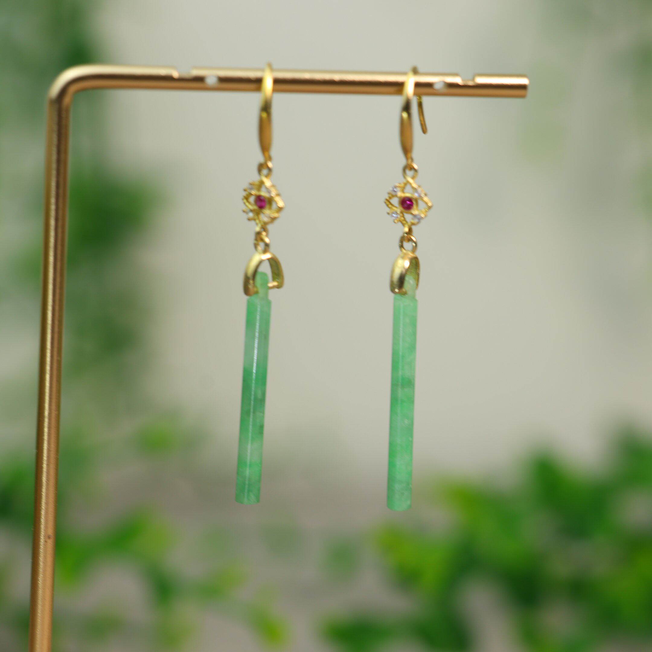 #J910 满绿缅甸天然A货翡翠翎管耳坠S925银镶嵌中国古风耳饰