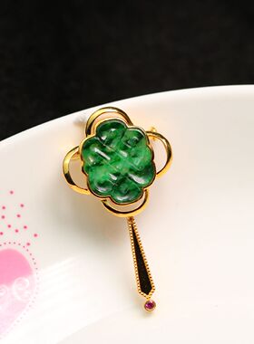 #6155银镀金加红宝镶嵌天然A货翡翠中国结盘肠胸针吊坠二用款