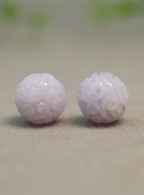 #I305一对淡紫色天然A货翡翠雕花珠子 13MM团寿龙纹圆珠