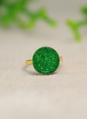 #J714 18K金镶嵌满色辣绿缅甸天然A货翡翠雕花圆形戒指古风女戒