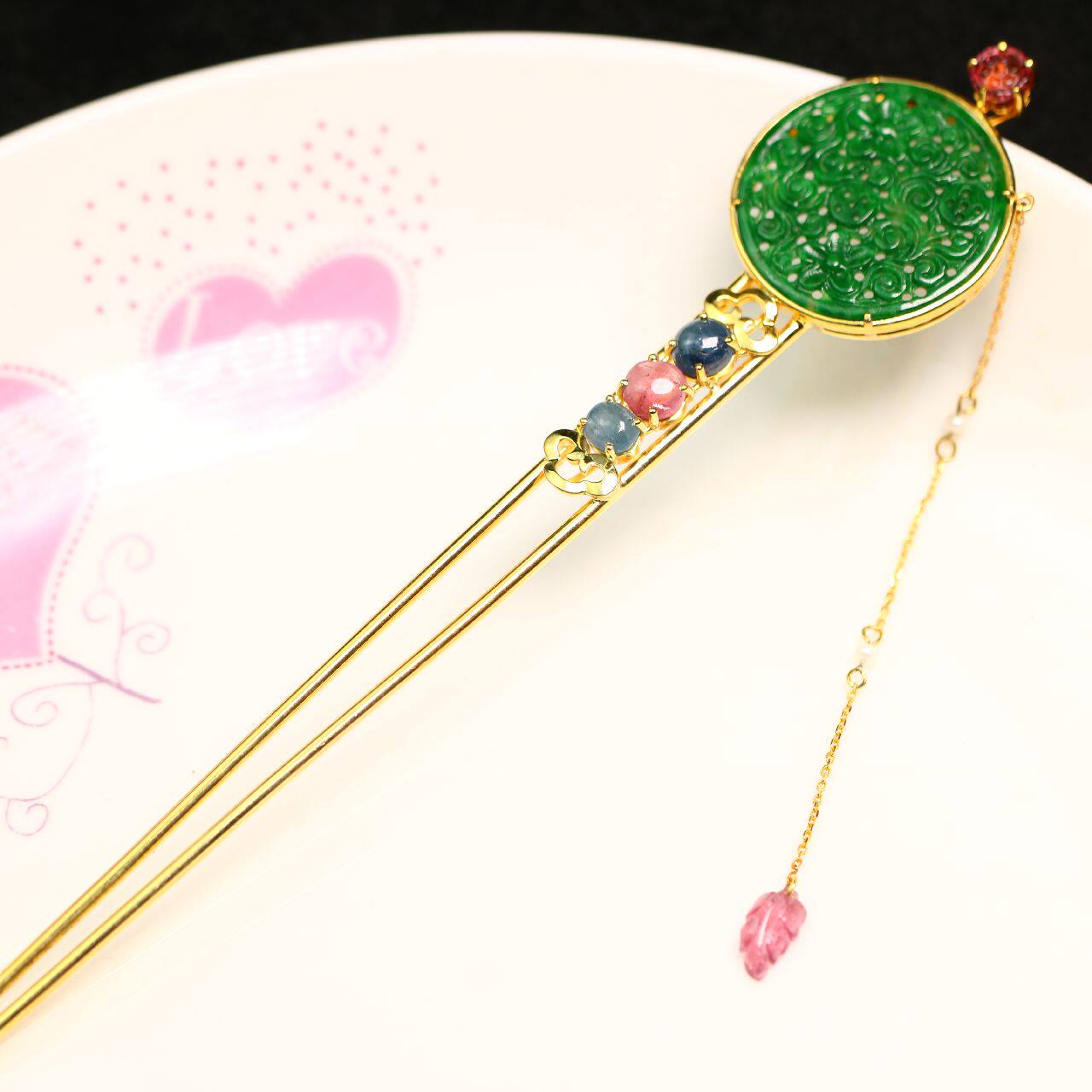 #8528 S925镀金镶嵌满色辣绿天然A货翡翠圆形雕花发簪簪子