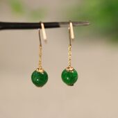 E540一对18K金镶嵌辣绿天然A货翡翠素面珠子耳坠耳环