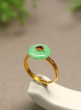 #C108 S925银镶嵌满绿天然A货翡翠平安扣活口戒指