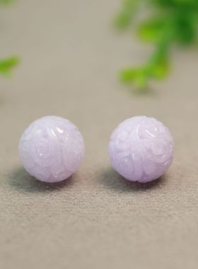 #I192一对紫罗兰天然A货翡翠雕花珠子 紫色团寿龙纹圆珠佛珠顶珠