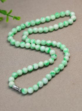 #J709白底青飘阳绿缅甸天然A货翡翠素面圆珠子锁骨项链