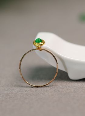 #G139 18K金镶嵌冰种满绿天然A货翡翠蛋面戒指甩戒女戒