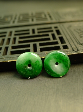 #K745一对冰糯种辣绿缅甸天然A货翡翠平安扣镶嵌耳钉裸石