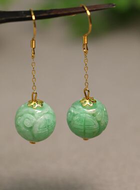 #B647一对S925银镶嵌糯底满绿天然A货翡翠团寿龙纹雕花珠子耳坠