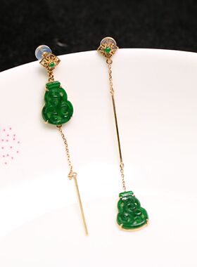 #1878一对18K金冰绿蛋面镶嵌满绿天然A货翡翠福禄不对称流苏耳坠