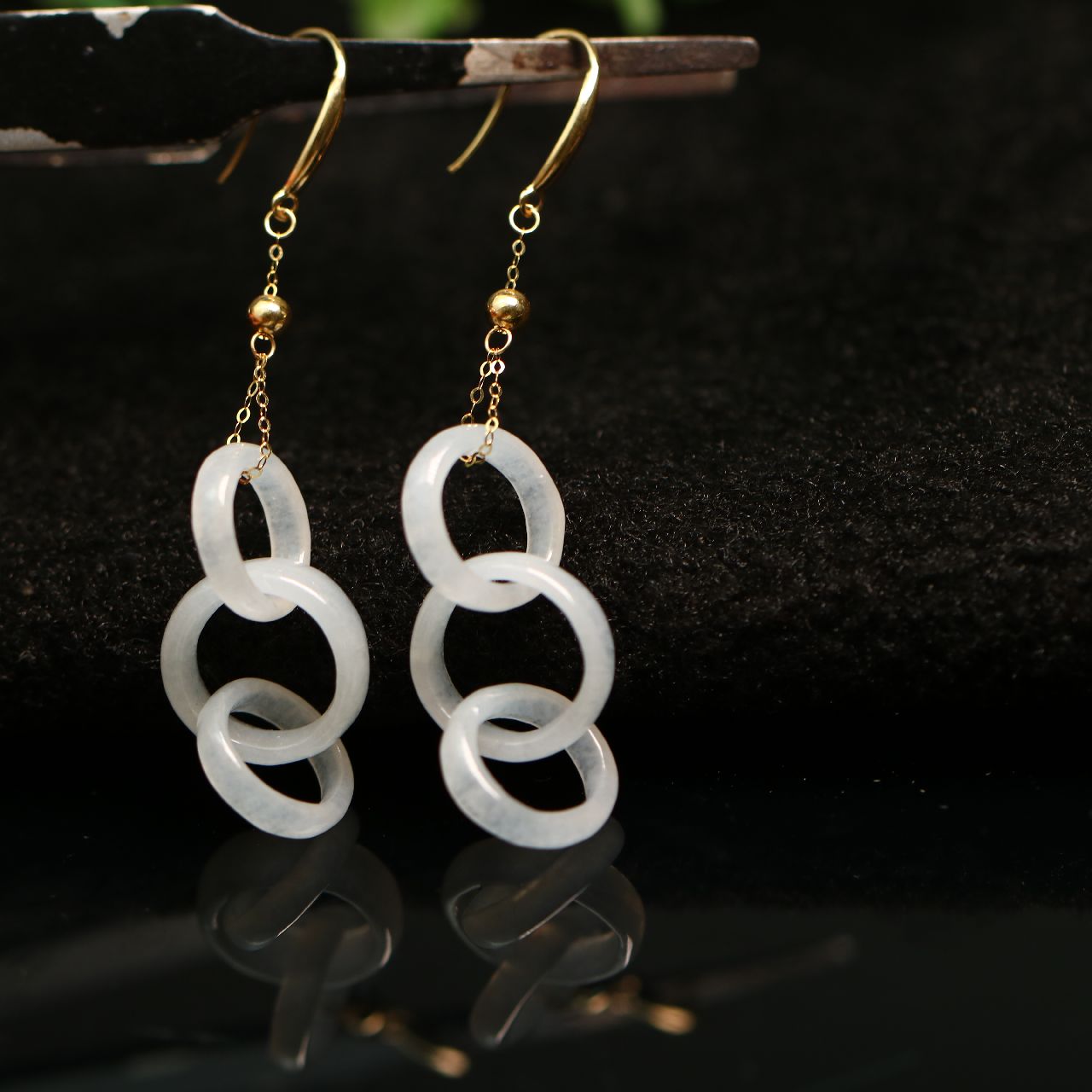 白冰天然A货翡翠三连环耳坠