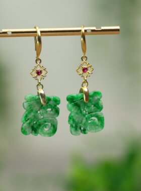 #L430 满绿缅甸天然A货翡翠福字耳坠