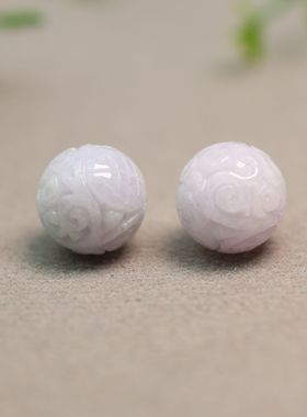 #I121淡紫色天然A货翡翠团寿龙纹雕花珠子