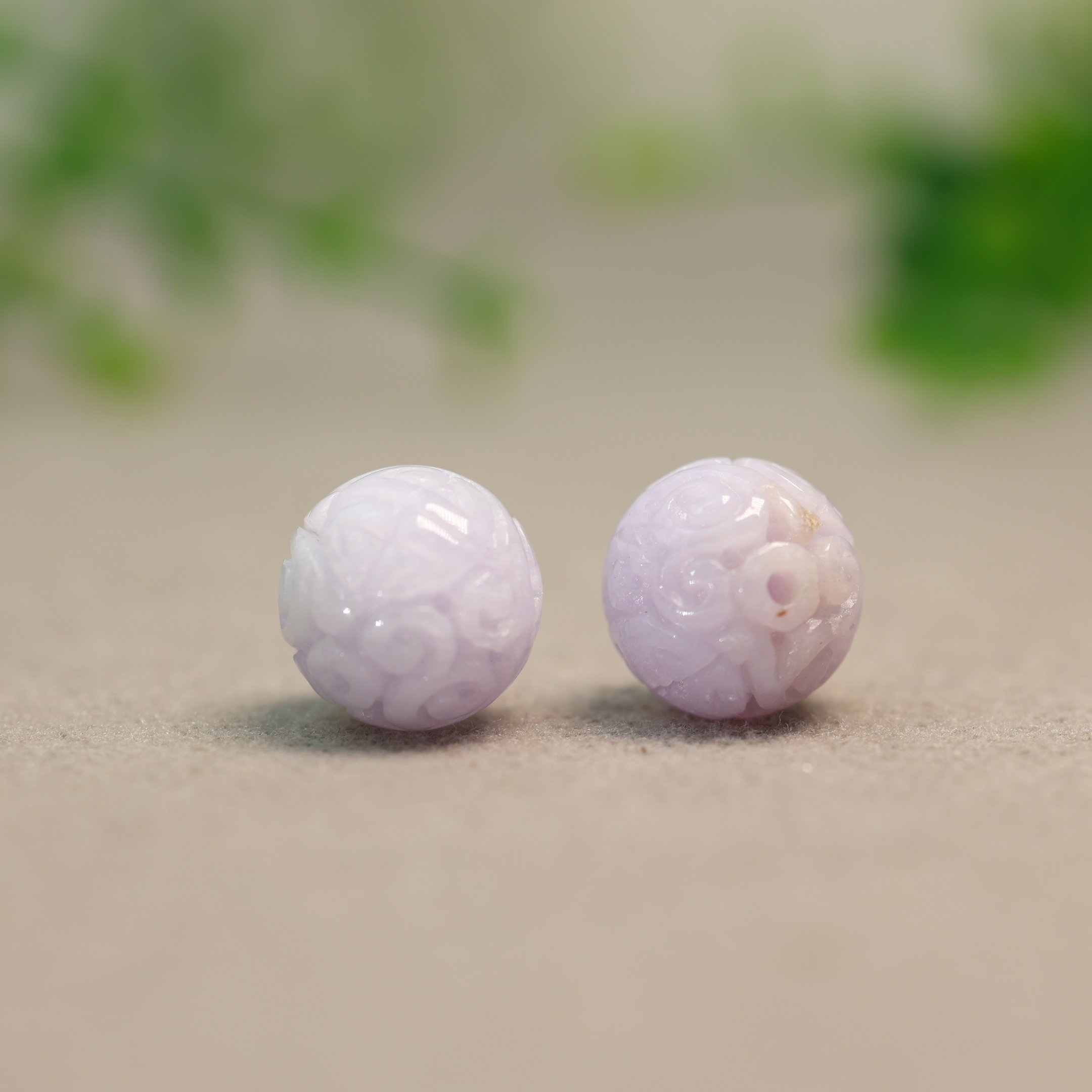 #M596 一对紫罗兰缅甸天然A货翡翠雕花珠子14MM团寿龙纹圆珠