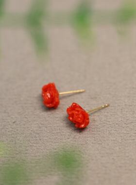天然有机红宝牡丹花耳钉