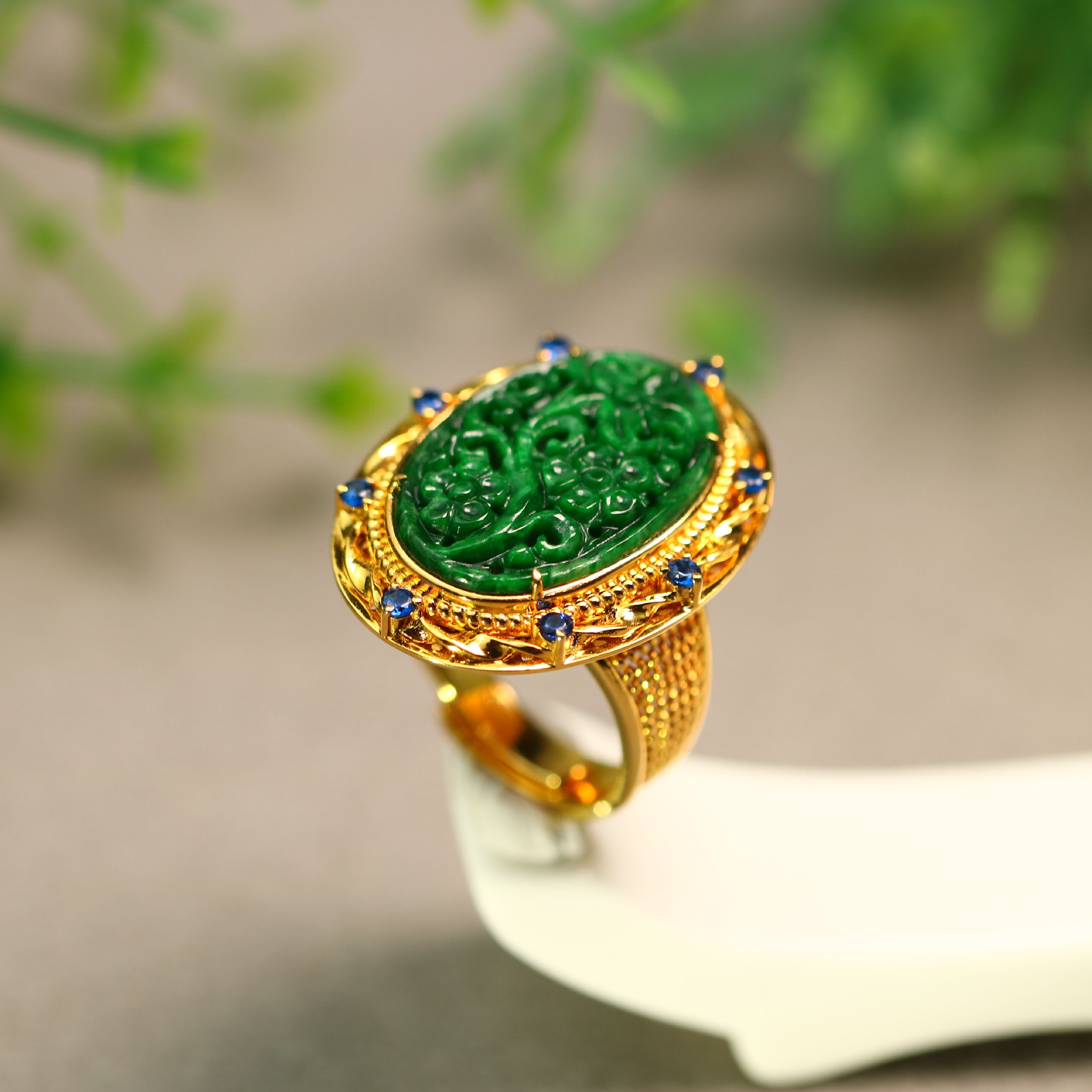 天然A货翡翠雕花戒指活口